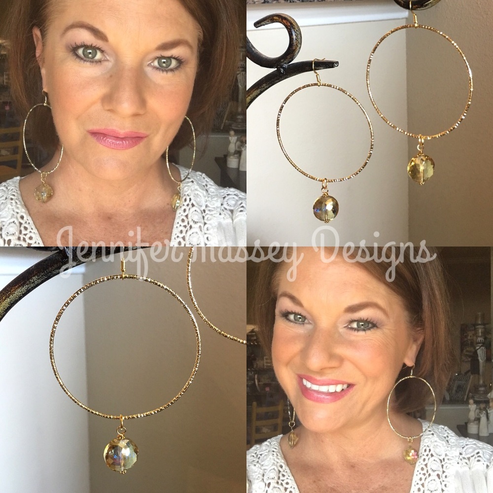 Gold hoops with gold crystal dangle